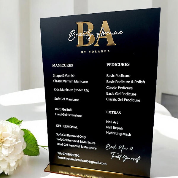 Custom acrylic price list sign, sleek modern design for salon display