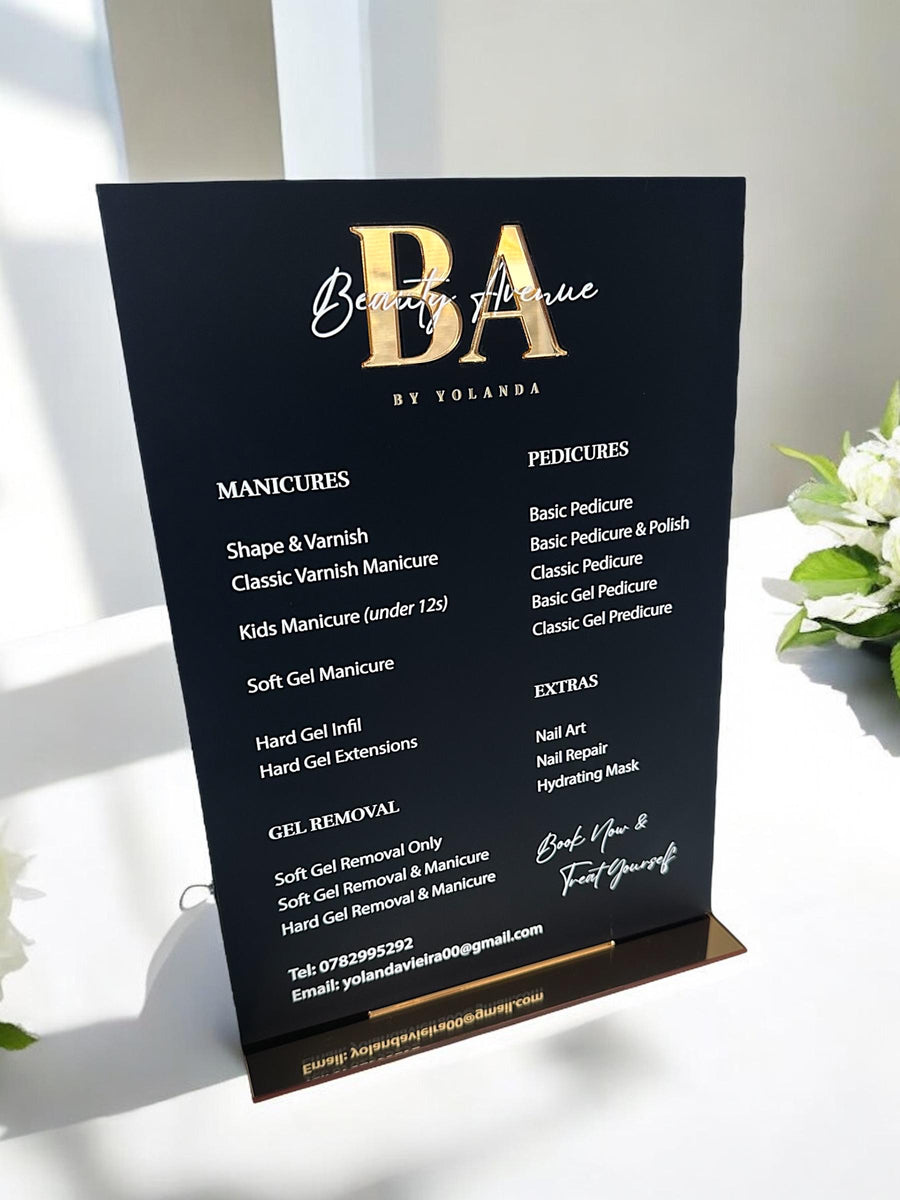 Custom acrylic price list sign for modern salon display, clear and elegant design