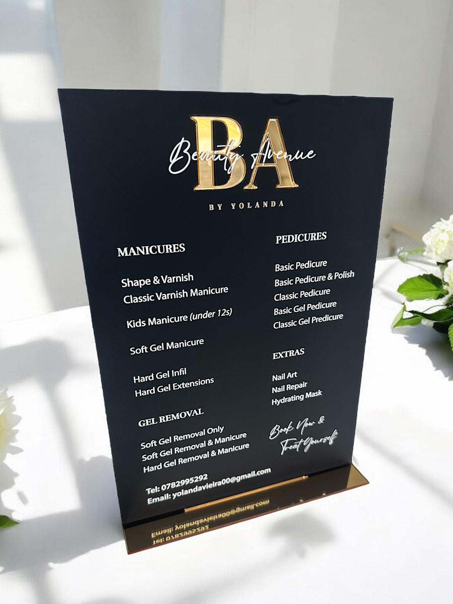 Custom acrylic price list sign, modern design for salon display.
