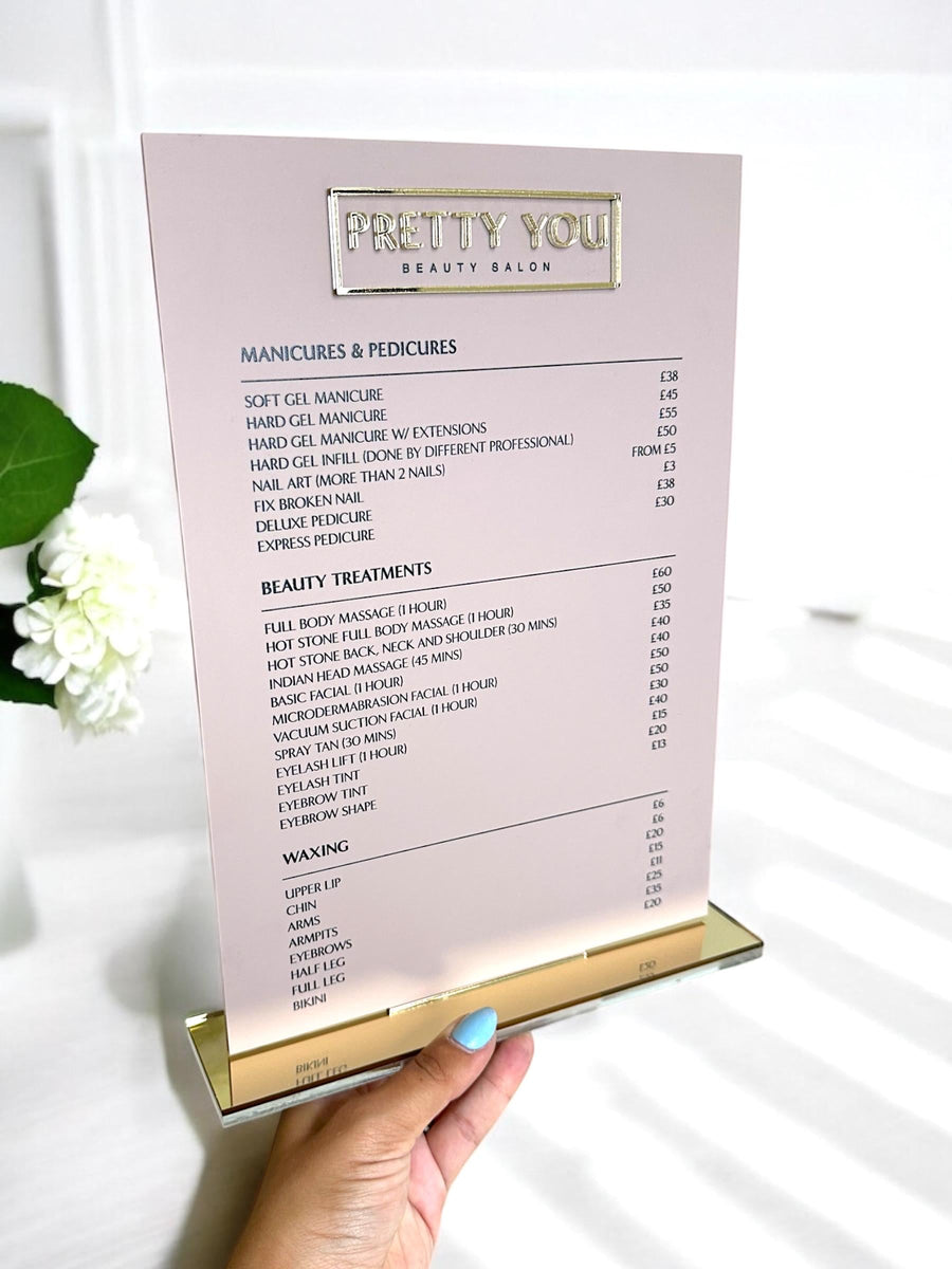 Custom acrylic price list sign for modern salon display board