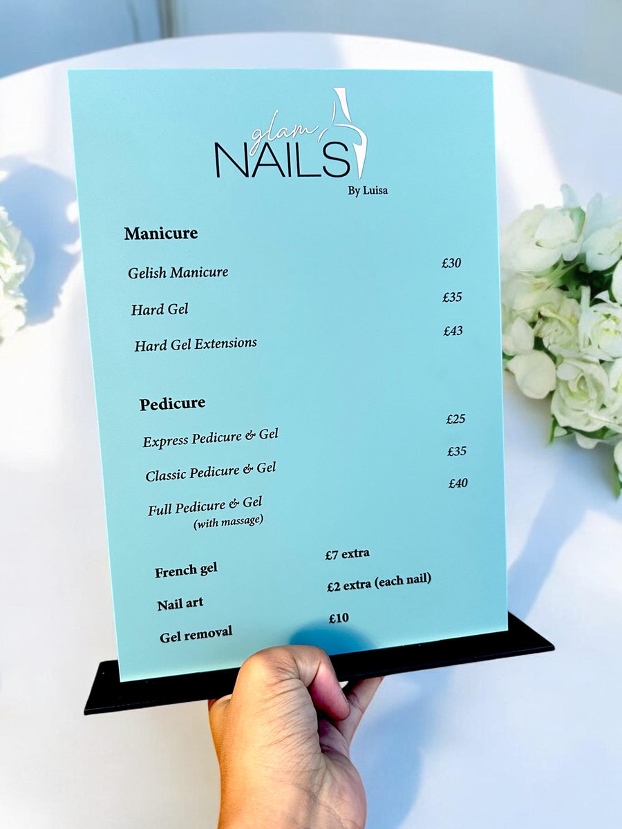 Custom acrylic price list sign for modern salon display