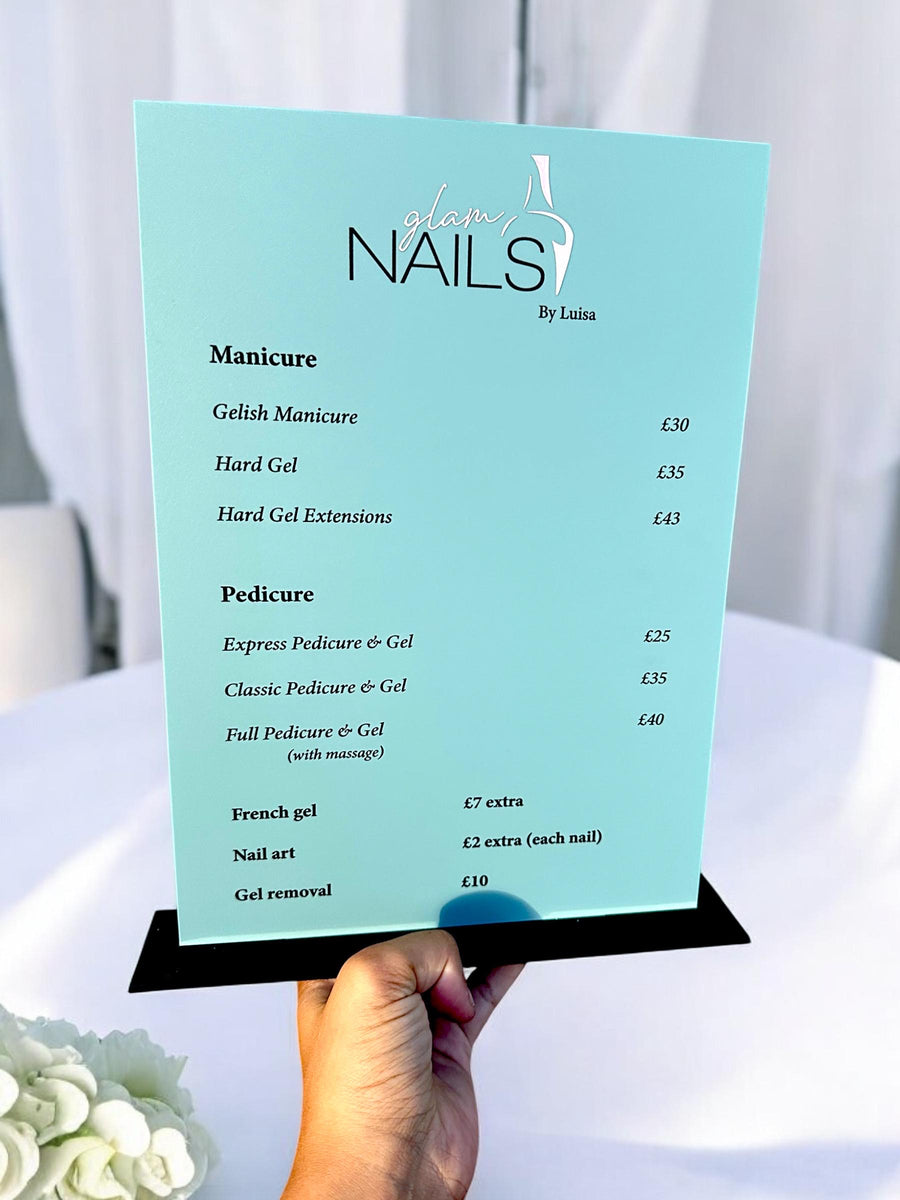 Custom acrylic price list sign for salon display, modern design