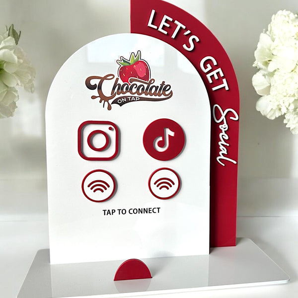 NFC acrylic social media sign, double arch design, branded for marketing use
