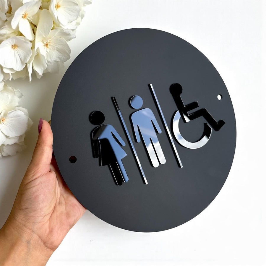 Custom 3D acrylic toilet sign, modern design, minimalist restroom plaque