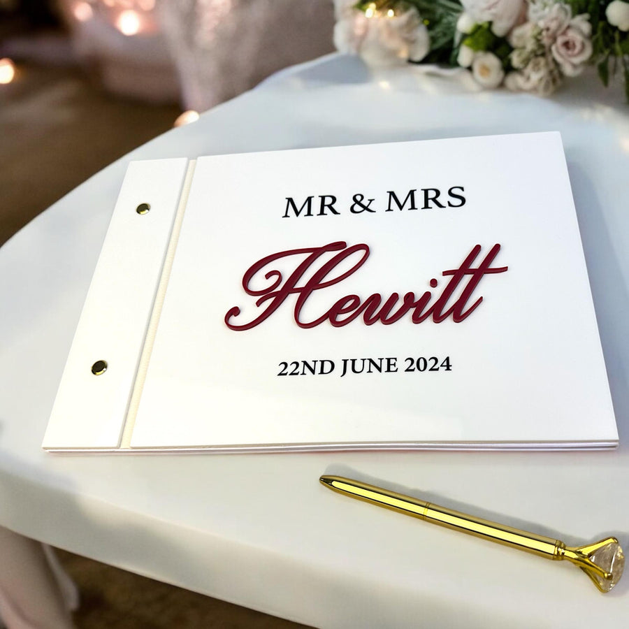 Personalised acrylic guestbook and pen duo in clear, modern design for weddings