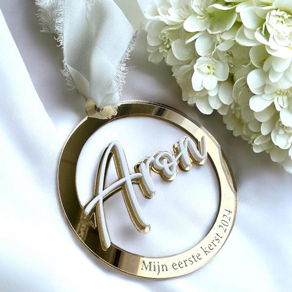 Luxury acrylic name bauble in double layered design, personalized for Christmas