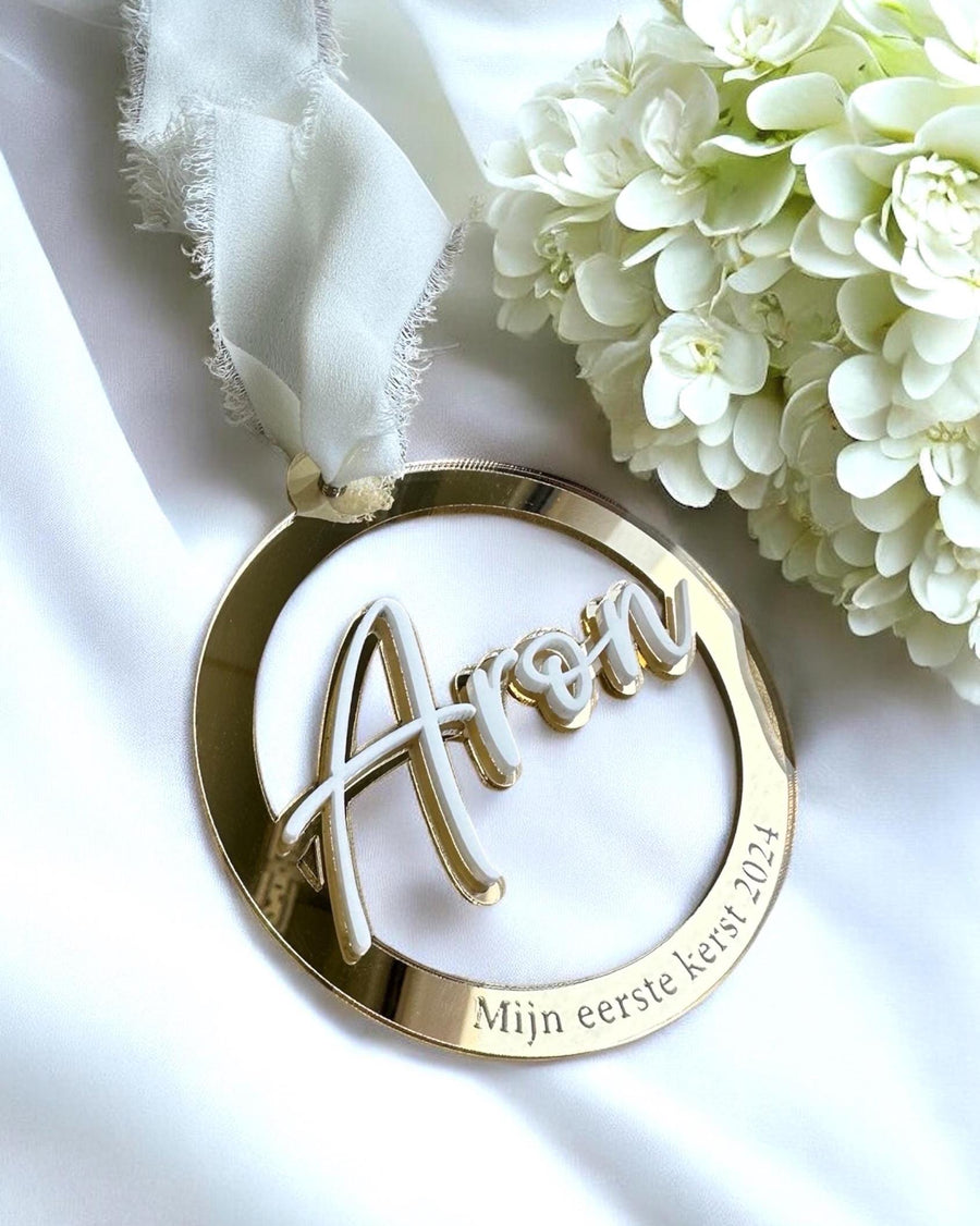 Luxury acrylic name bauble in double layered design, personalized for Christmas