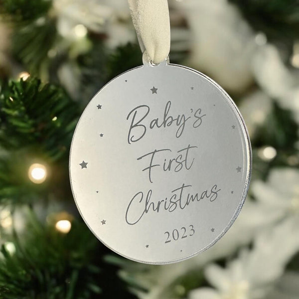 Custom engraved acrylic Christmas bauble for baby's first Christmas