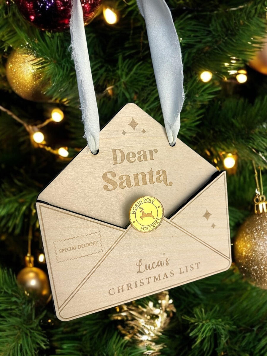 Personalised wooden Christmas wish list envelope, custom kids decoration