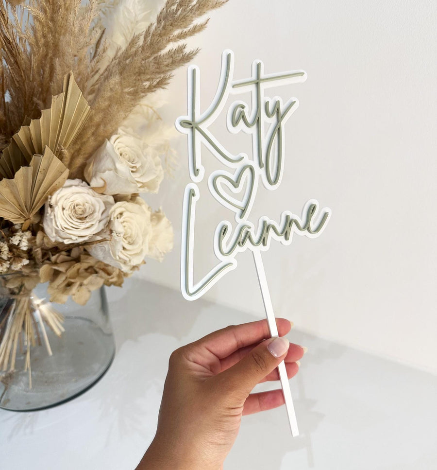 Personalised acrylic wedding cake topper, double layered, custom couples name design