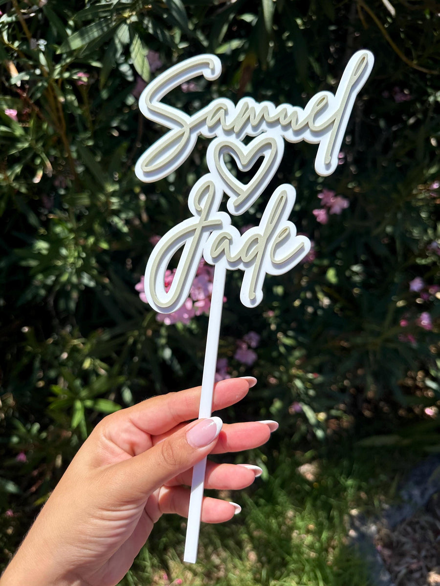 Personalised acrylic wedding cake topper, double layered, custom couples name