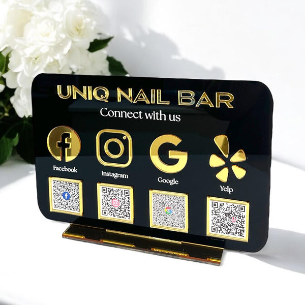 Multi Icon & QR Code acrylic tabletop sign with social media logos