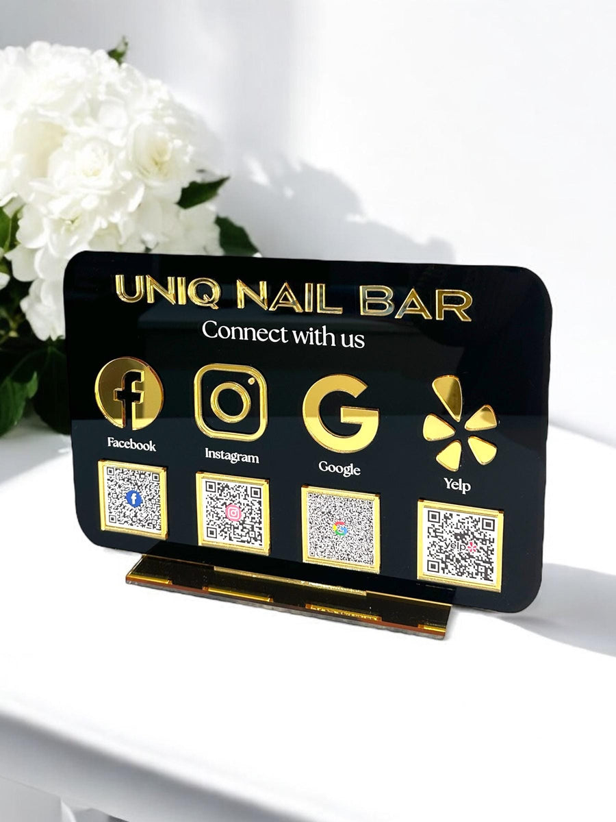 Multi Icon & QR Code acrylic tabletop sign with social media logos