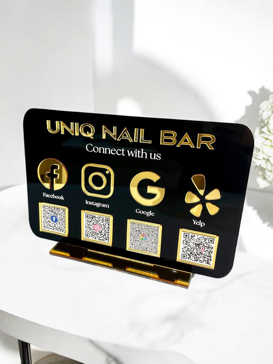 Multi icon and QR code acrylic sign, clear tabletop social media signage