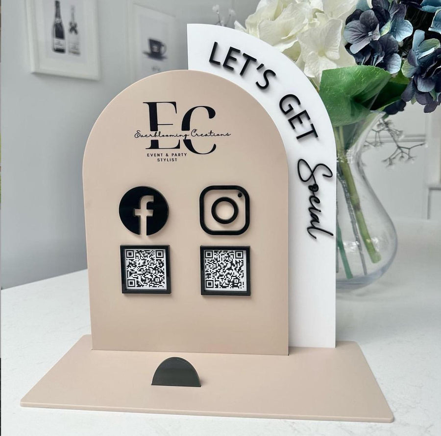 Acrylic Social Media Sign, Let' Be Social Sign, QR Code Acrylic Sign for Social Media, QR Code Business Sign, Double Arch Social Media Sign
