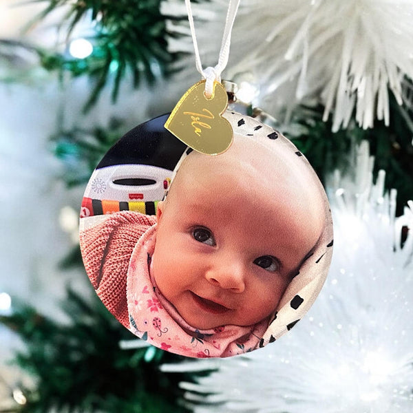 Personalised Baby Photo Bauble with Engraved Acrylic Heart Tag, Custom Baby's First Christmas Ornament, Xmas Gift, Keepsake Ornament