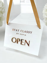 Custom Open Closed Acrylic Business Sign with Hanging Ribbon, Shop, Salon, Front of House, Shop Window, Cafe Sign, Double Sided with Logo