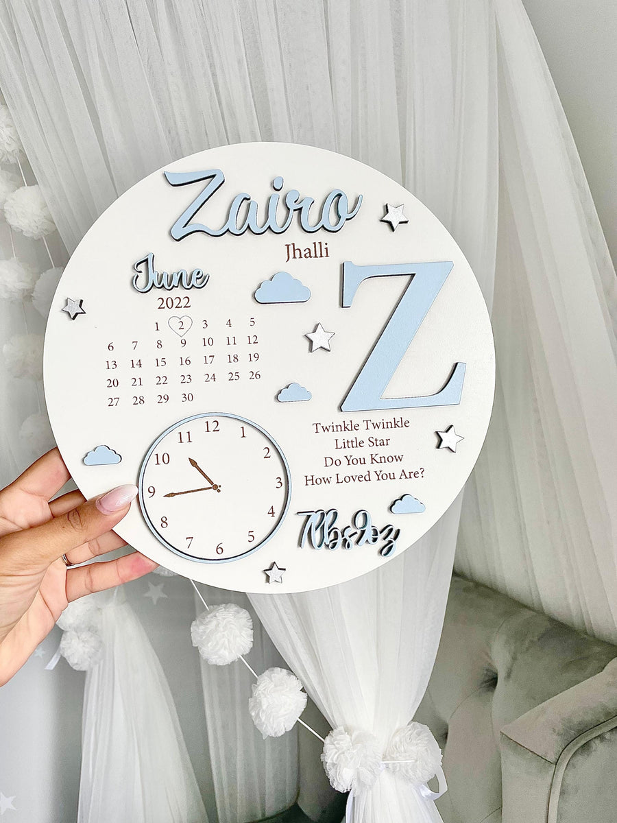 New Baby Birth Plaque in light wood with engraved details