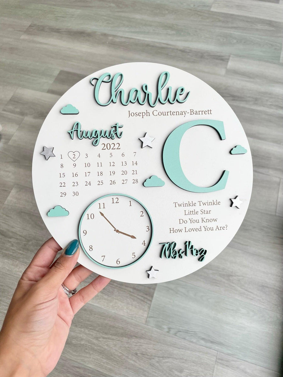 New Baby Birth Plaque in natural wood with engraved birth details