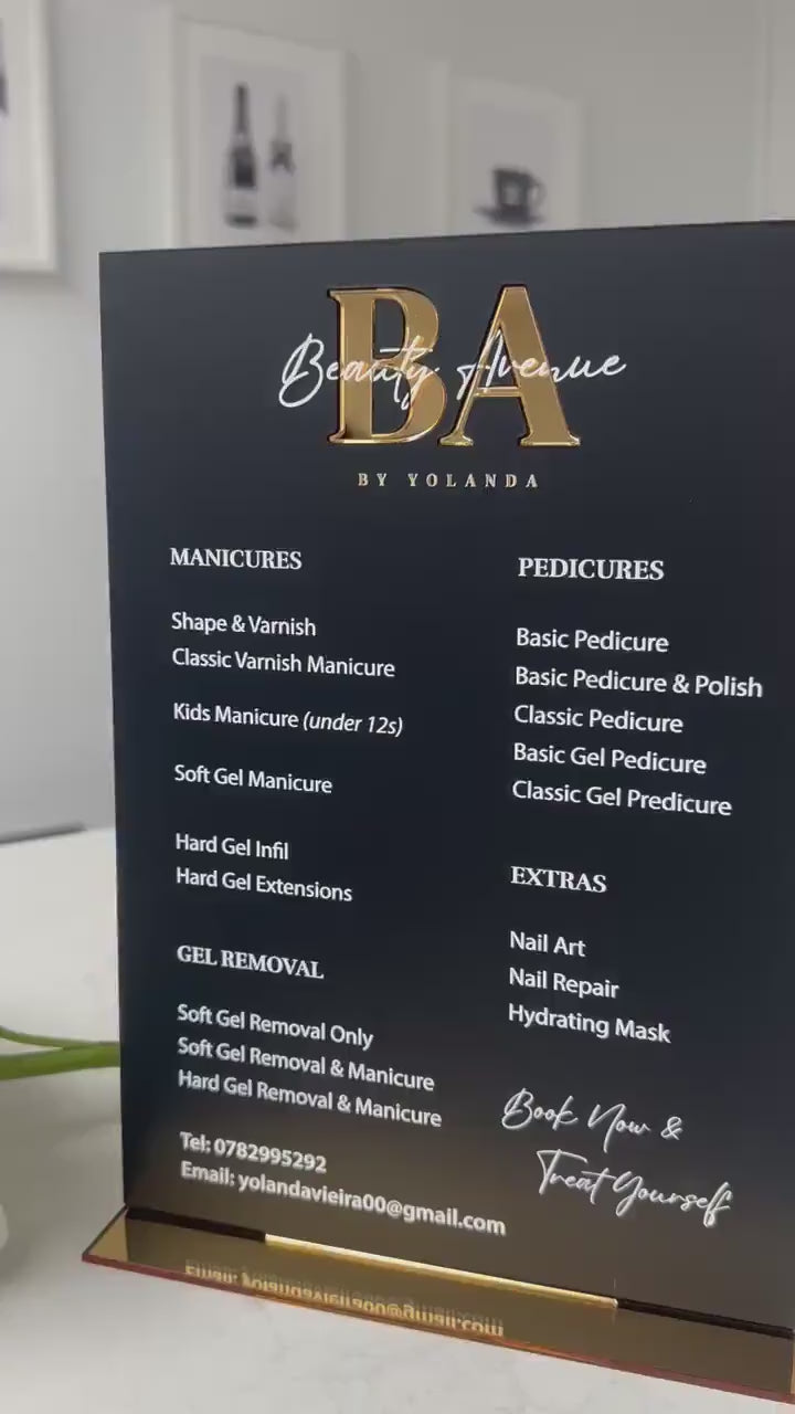 Custom Acrylic Price List Sign, Modern Salon Display Sign, Display Custom Business Sign Acrylic, Personalised Treatment Board, Salon Signage