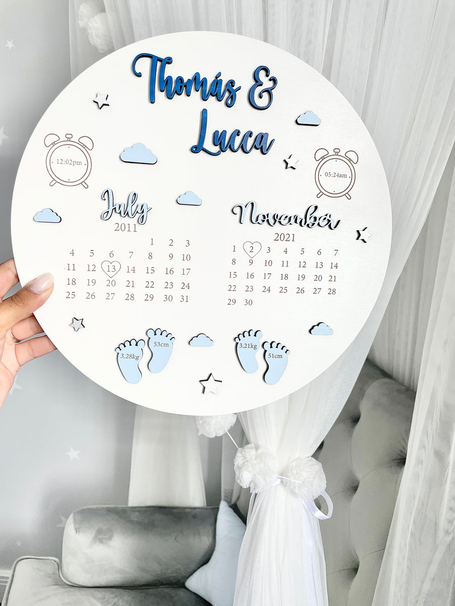 New Baby Birth Plaque for siblings with wooden design and pastel colors