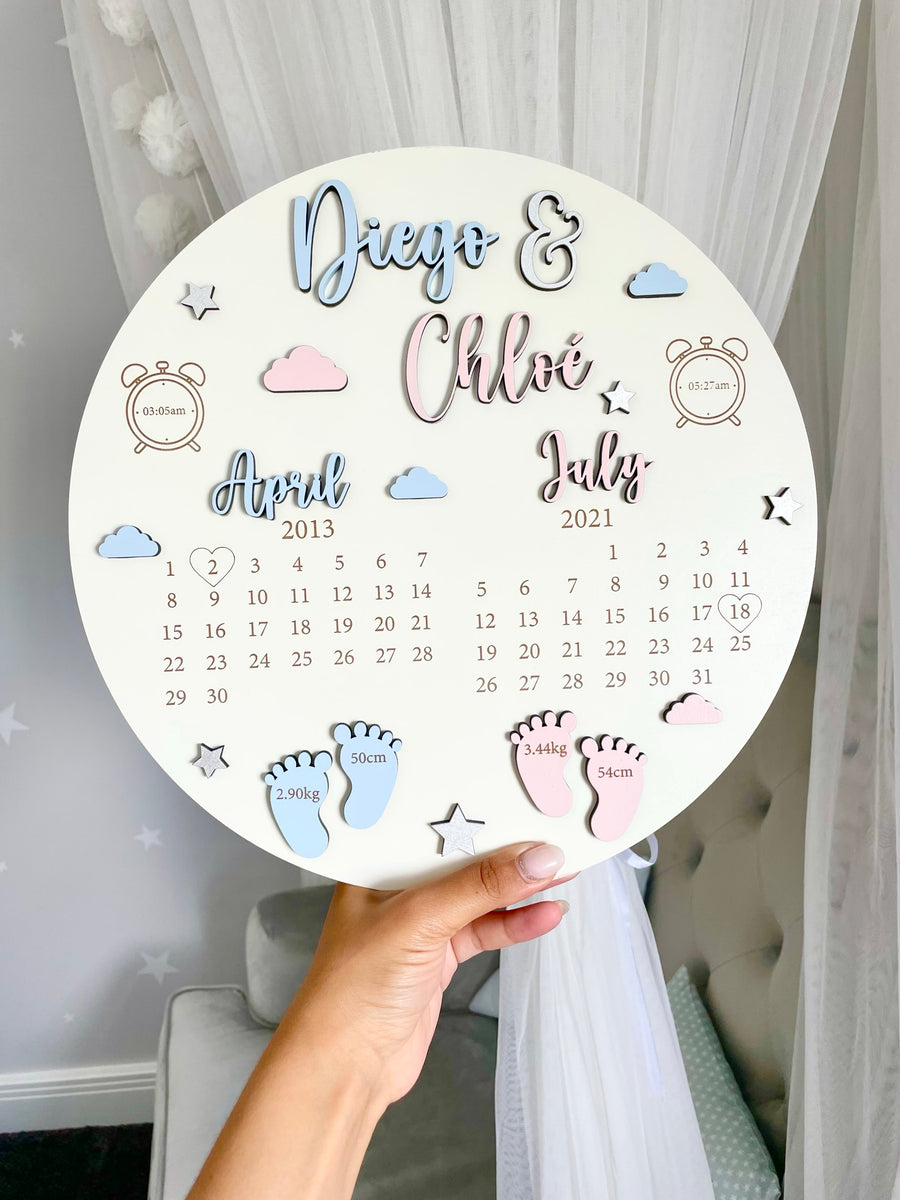 New Baby Birth Plaque for siblings, wood design with twin details