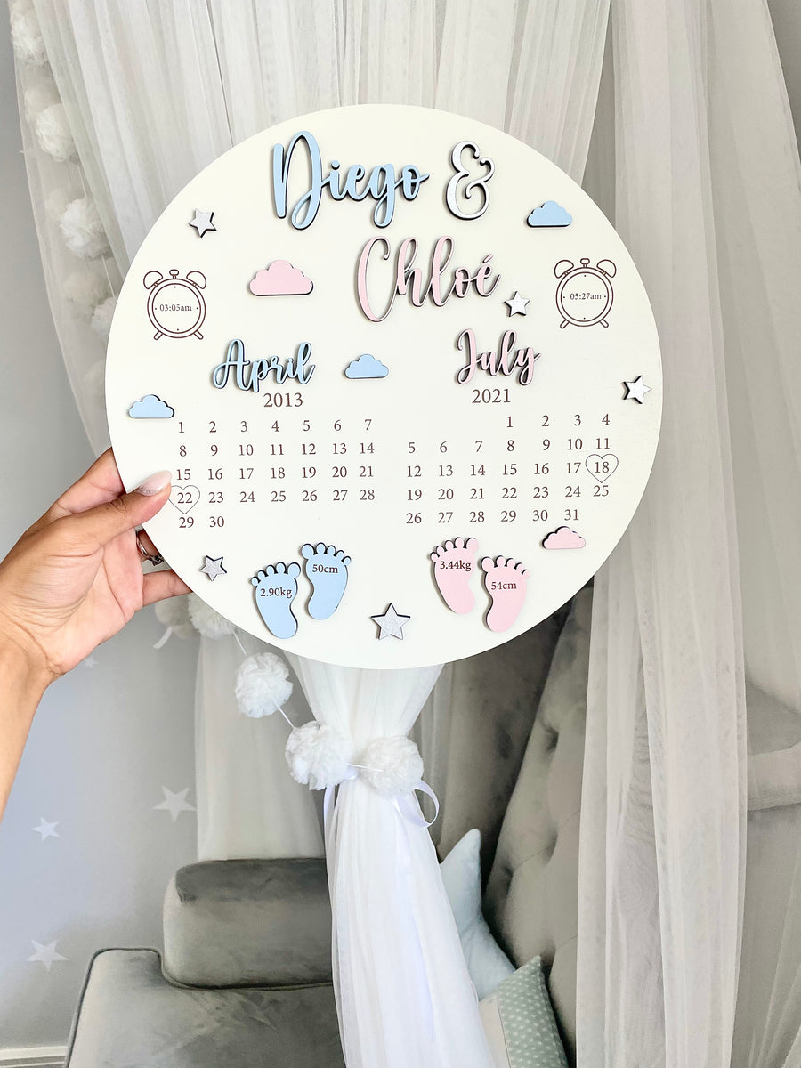 New Baby Birth Plaque with Siblings design, wooden and colorful details