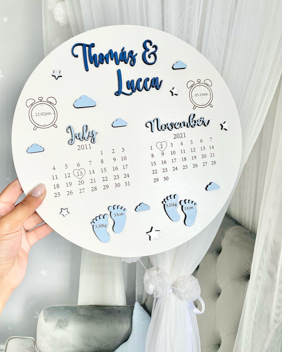 New Baby Birth Plaque for twins, wood with pastel design and engraved details