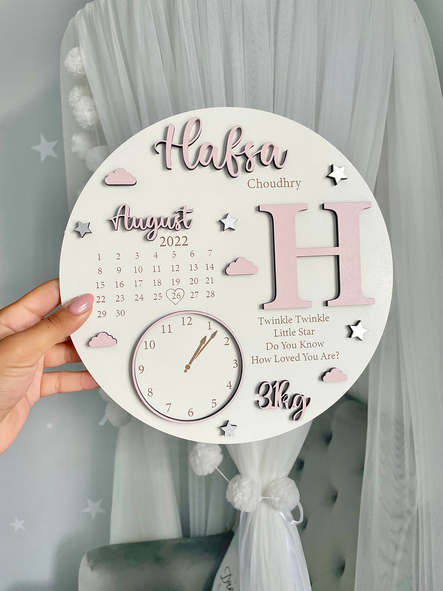 New Baby Birth Plaque in soft pink wood, personalized with baby's details
