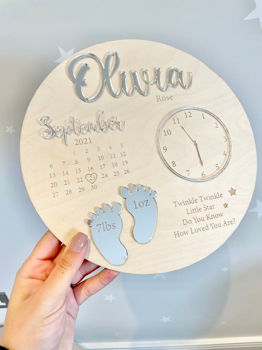 Wooden & Acrylic New Baby Birth Plaque with pastel colors and engraved details