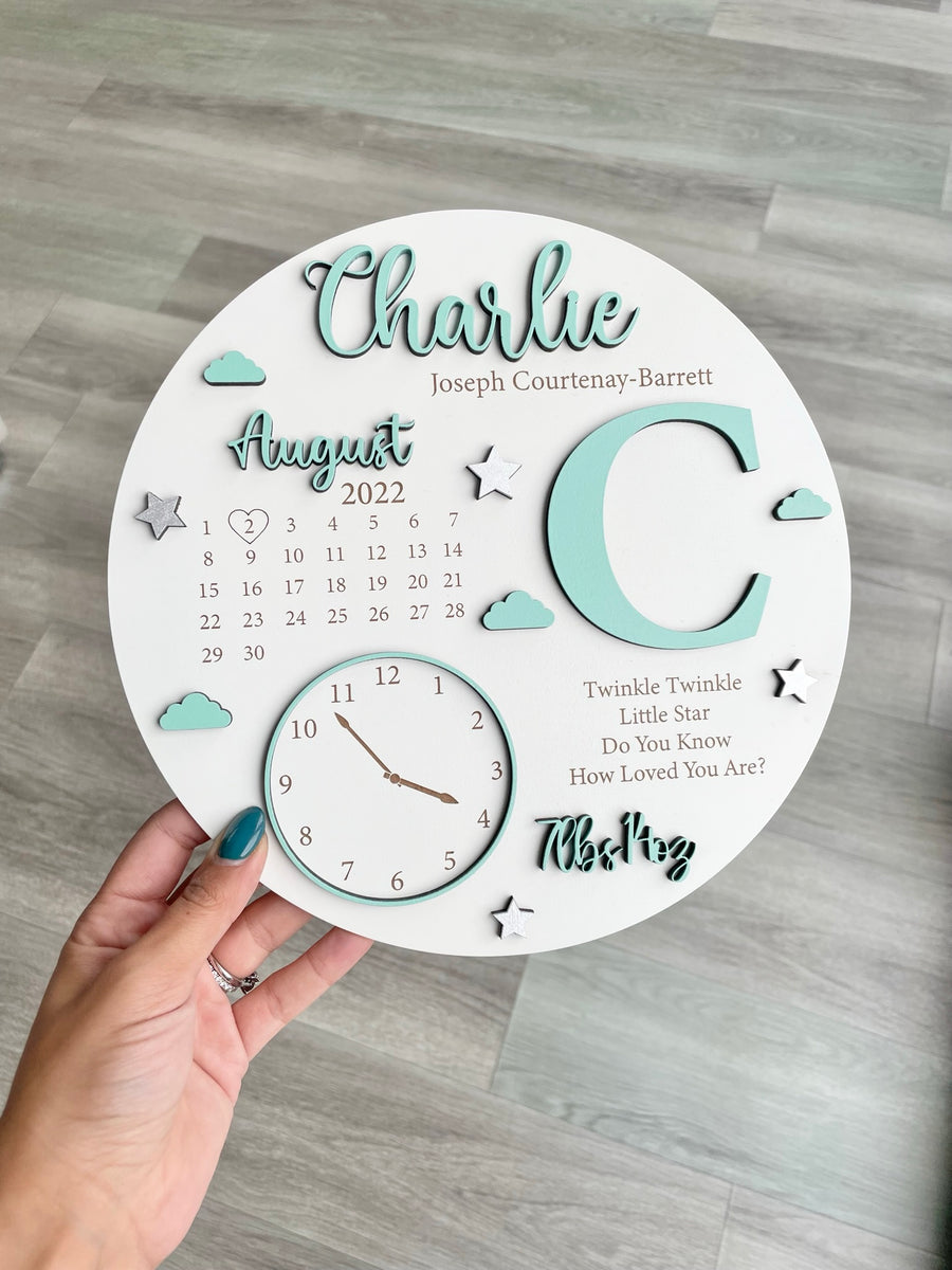 New Baby Birth Plaque in natural wood with engraved birth details