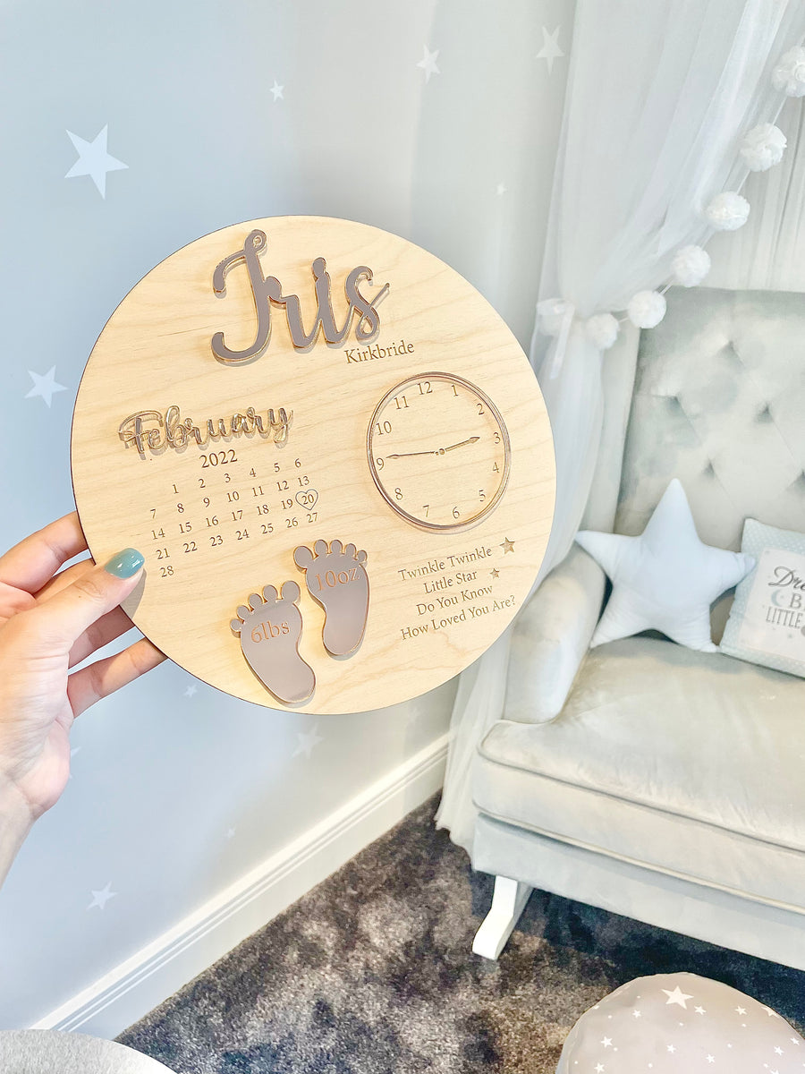 Wooden and acrylic new baby birth plaque with pastel colors and decorative details