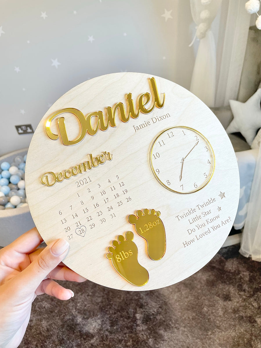 Wooden & Acrylic New Baby Birth Plaque with pastel colors and floral design
