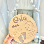 Wooden and acrylic new baby birth plaque with pastel colors and round shape