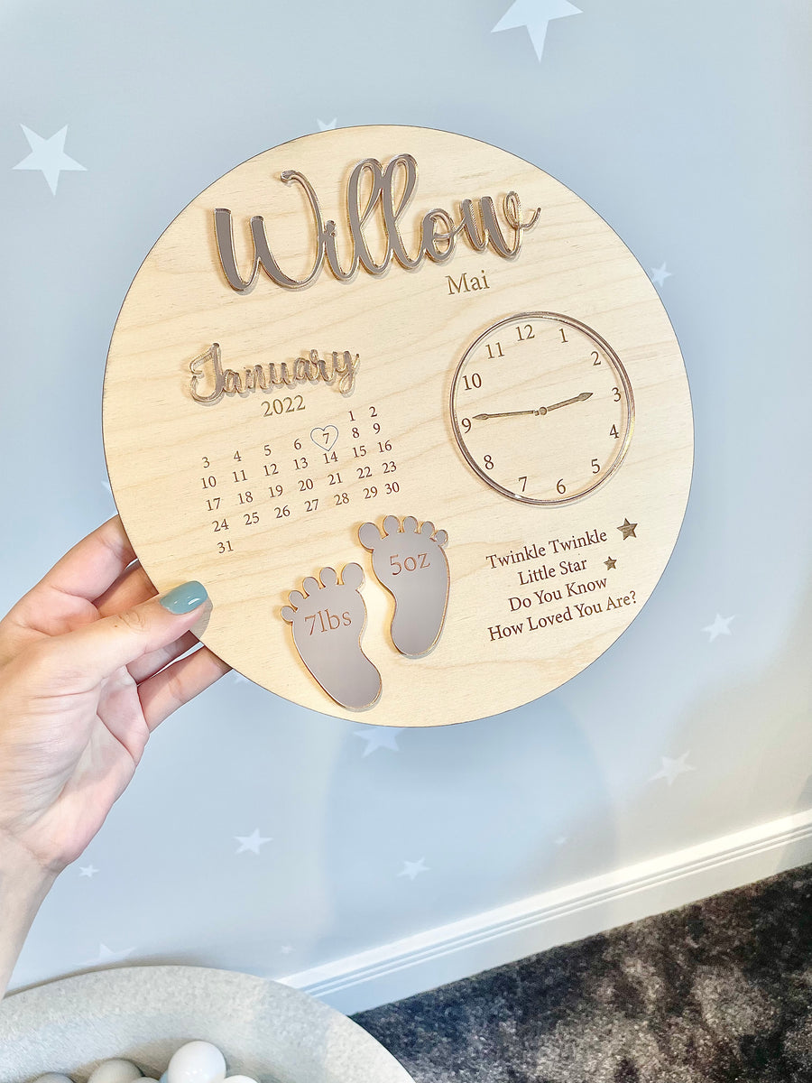 Wooden & Acrylic New Baby Birth Plaque with pastel colors and round shape