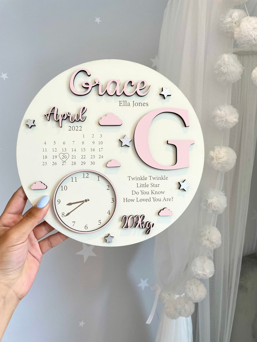 Wooden New Baby Birth Plaque in pastel colors, celebrating a newborn's arrival