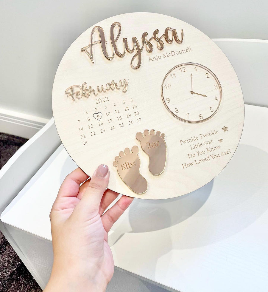 Wooden and acrylic new baby birth plaque in pastel colors with engraved details