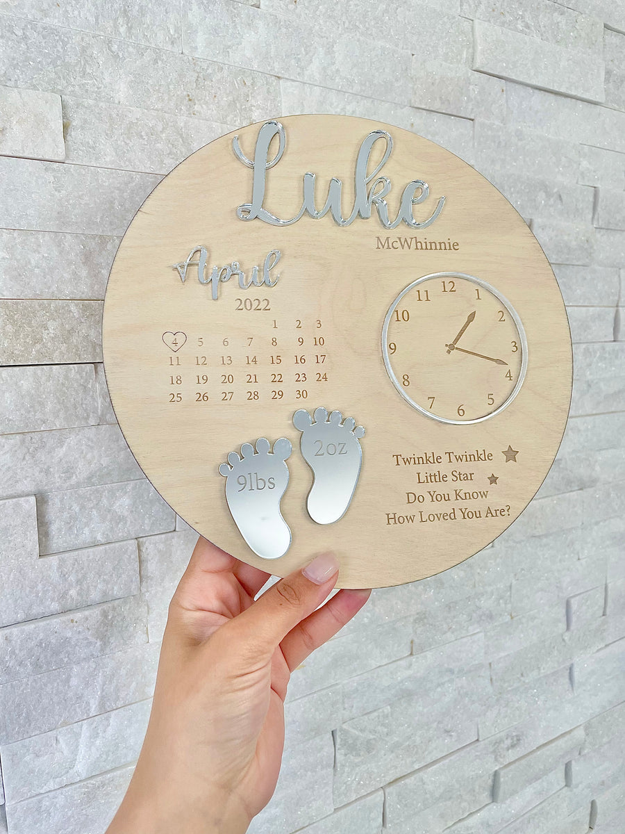 Wooden & Acrylic New Baby Birth Plaque in pastel colors with floral design