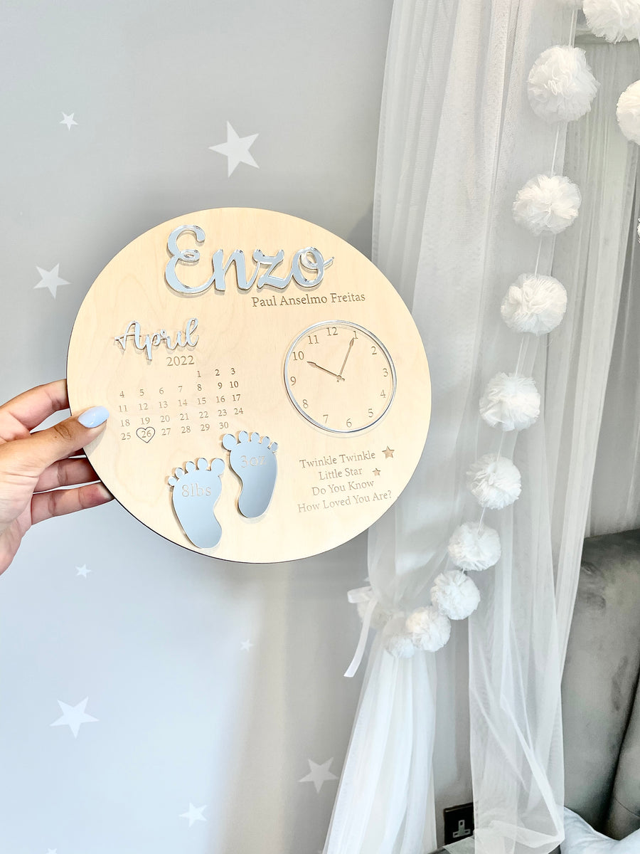 Wooden and acrylic new baby birth plaque with pastel colors and rounded edges