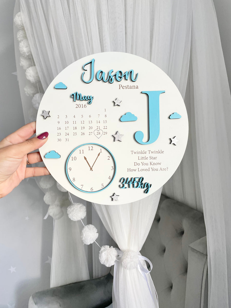 New Baby Birth Plaque in wood featuring baby's name and birth details