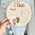 Wooden and acrylic new baby birth plaque in light wood, round shape