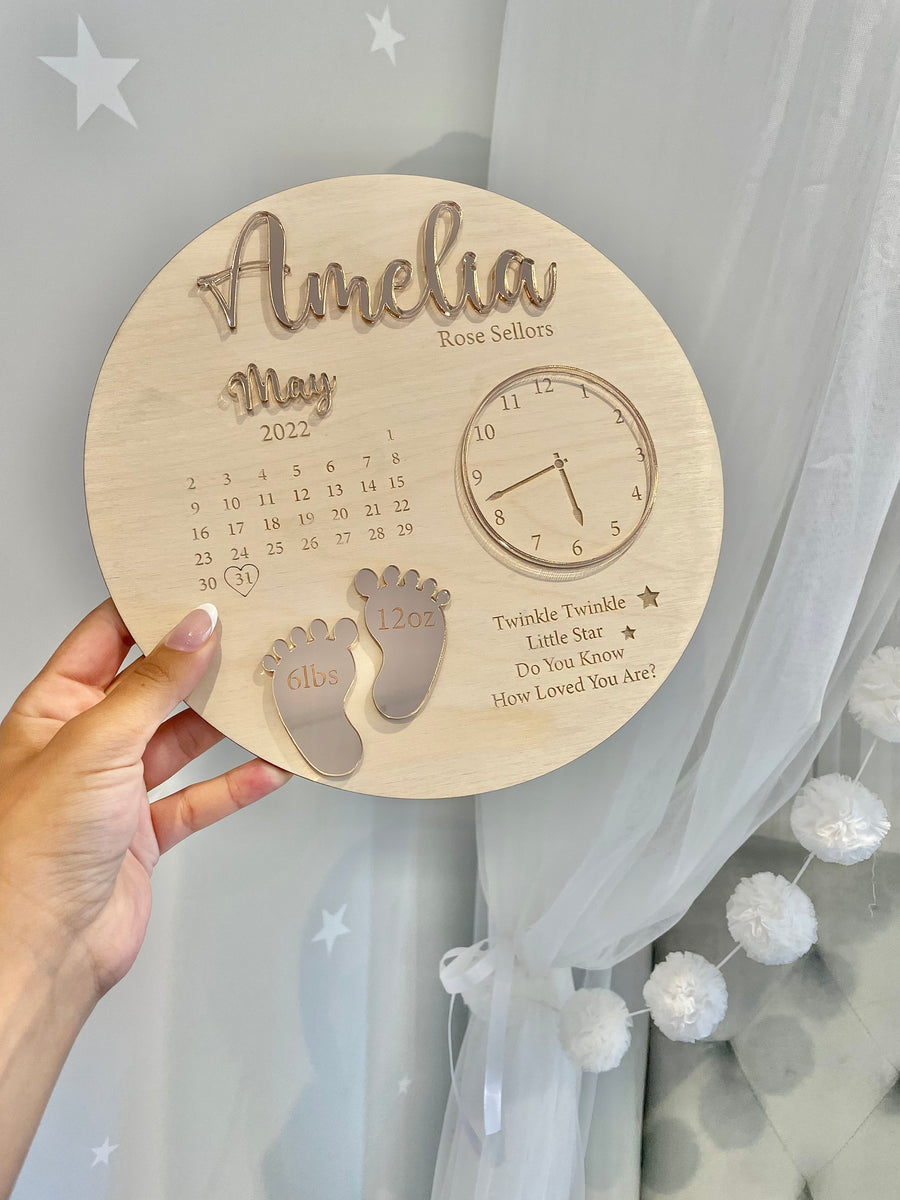 Wooden and acrylic new baby birth plaque with pastel colors