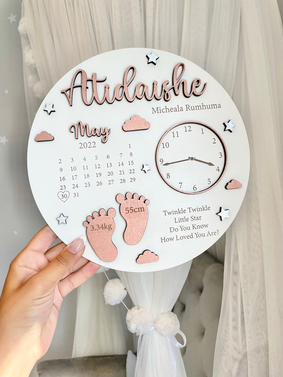 New Baby Birth Plaque in light wood with engraved details