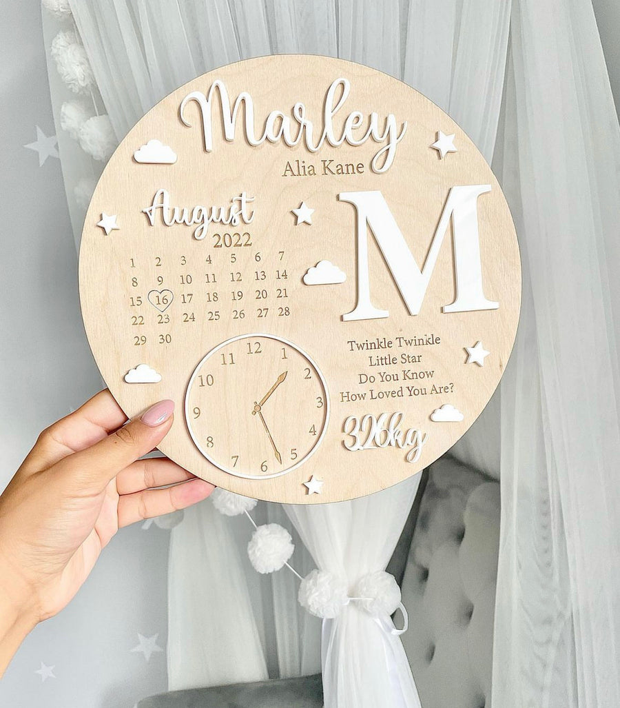 Wooden and acrylic new baby birth plaque, round shape, soft pastel colors