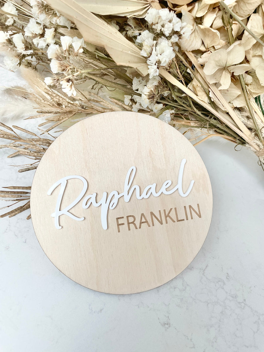 Wood/Acrylic Birth Announcement Disc in natural wood finish with engraved text