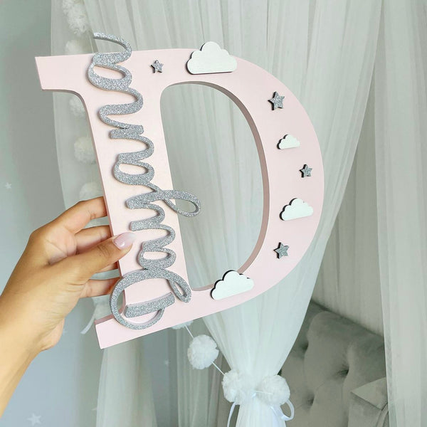 Personalised initial decor with stars and clouds design in pastel colors