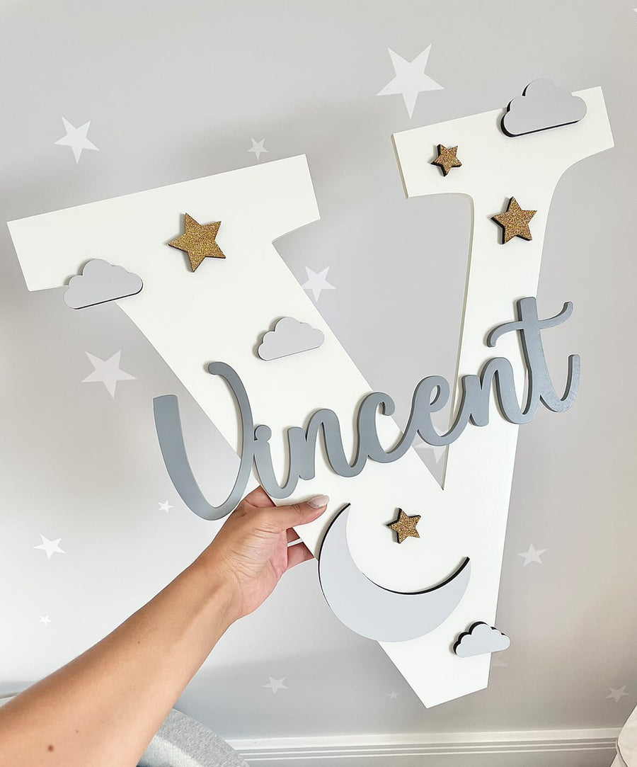 Giant Wall Initial in blue and white stars and clouds design