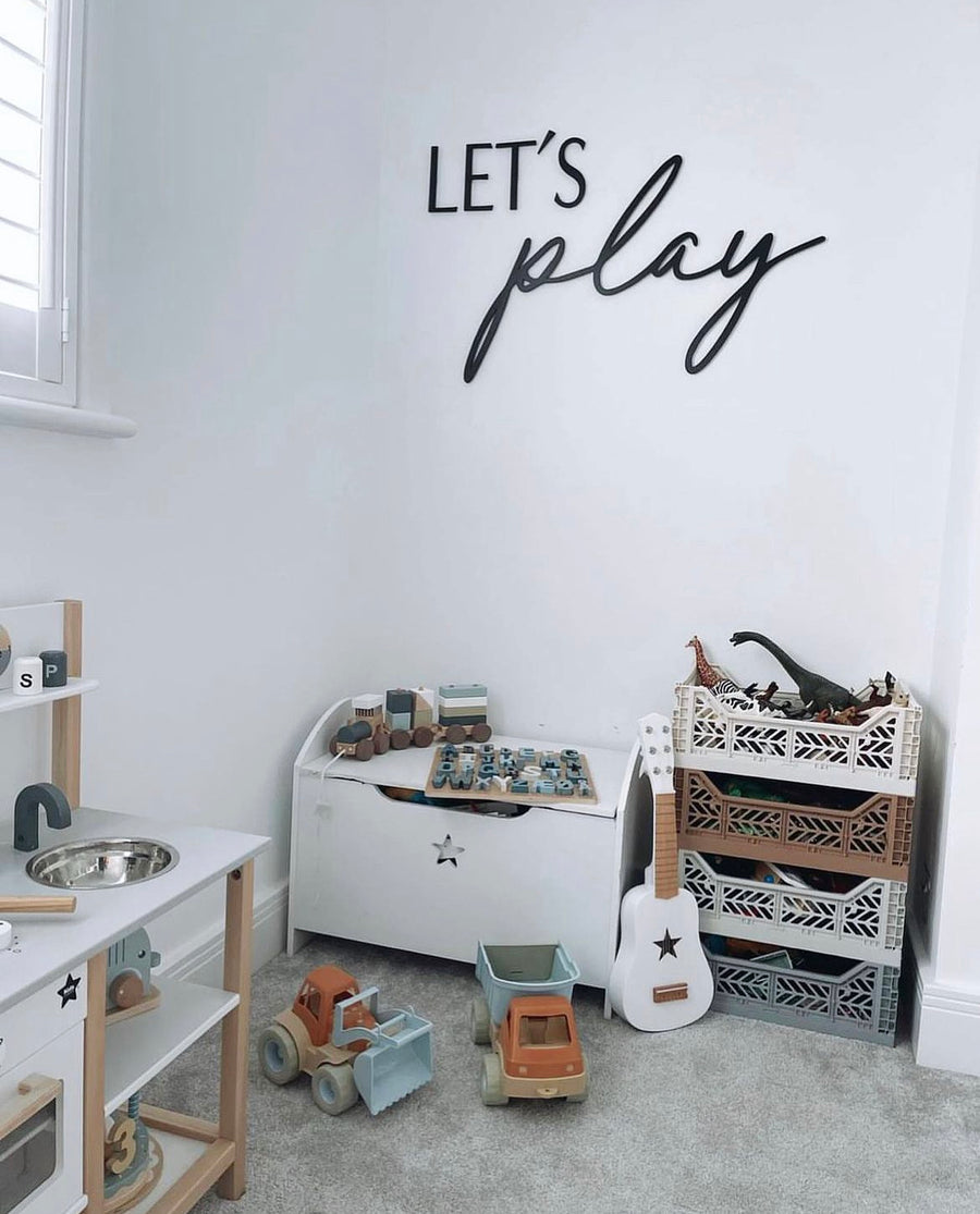 Let’s Play wall sign in colorful wood with playful lettering